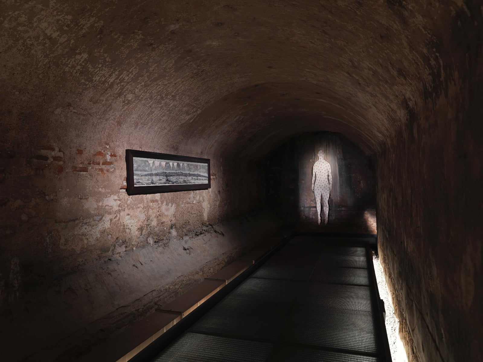 Alex Červený’s Earth, Sea and Air (2026, print, silver leaf and collage on paper) and, at the end of the passage, Skin-book (1996–2026, acrylic, gold leaf and pencil on parchment), in the Byzantine cistern beneath Zeyrek Çinili Hamam