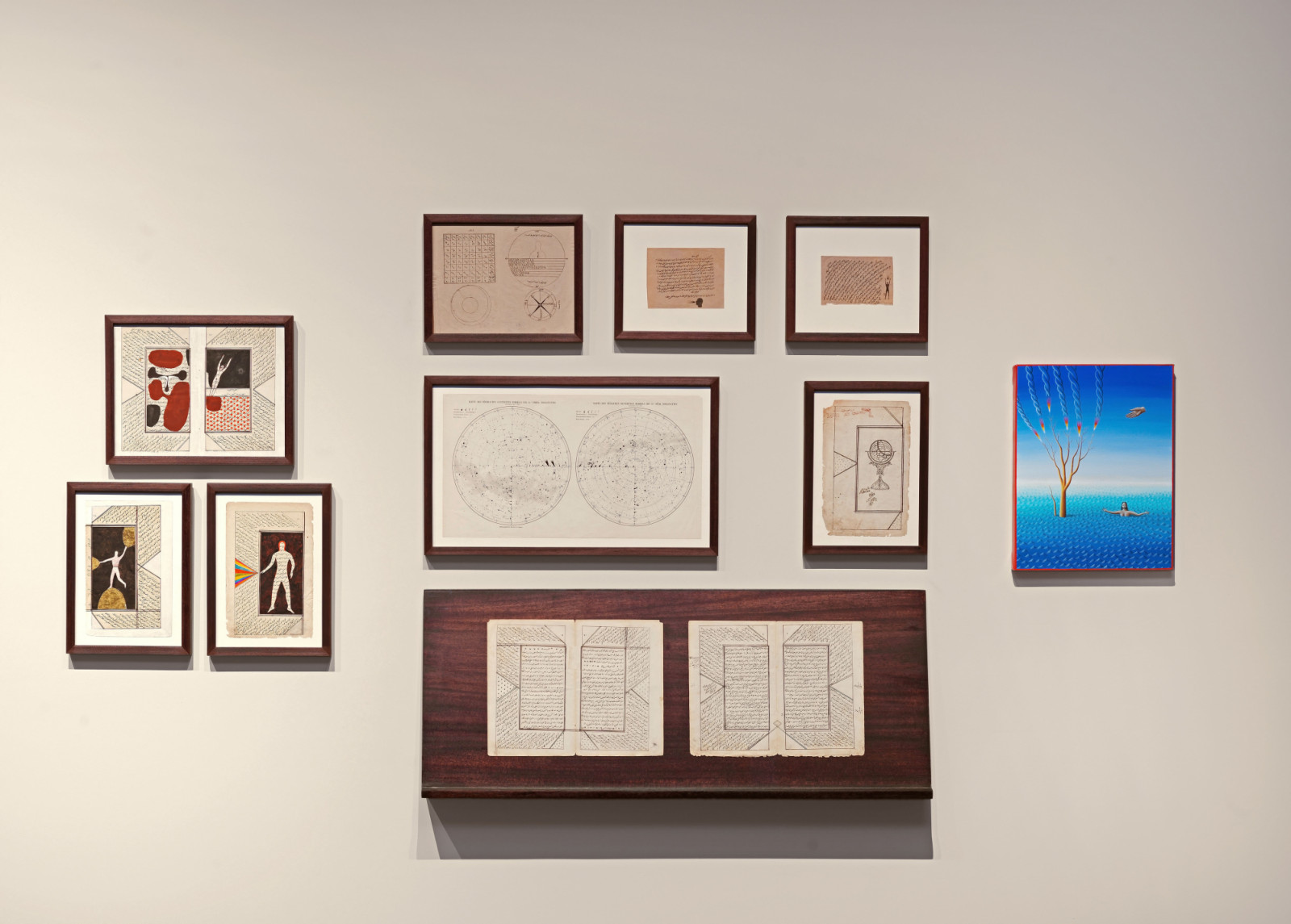 Installation view of Alex Červený’s Astronomy Notebooks, drawn on pages of an astronomy book he found in Istanbul in 2009, with the painting Flood (2026, oil on canvas) at right