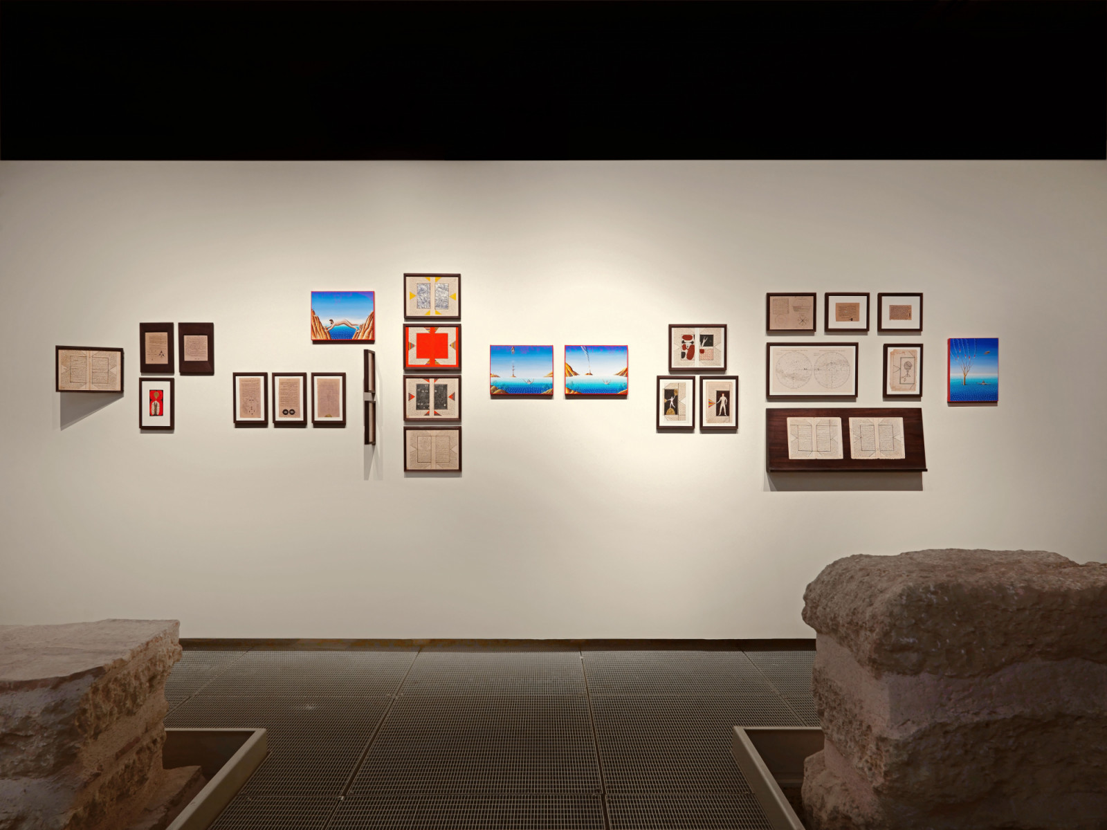 Installation view of Atlas of Encounters at Zeyrek Çinili Hamam, with pages from Alex Červený’s Astronomy Notebooks series (2009)