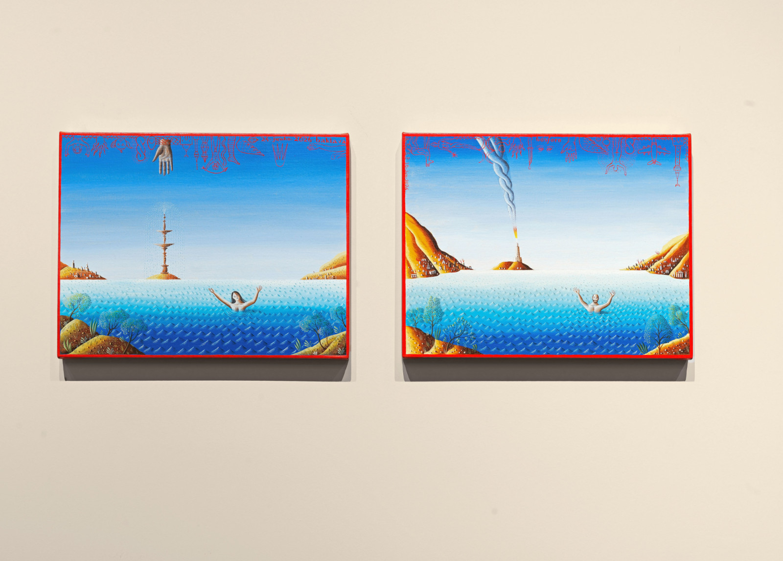 The pair of seascapes. Alex Červený, Baklava (left) and Bosphorus, both 2026, oil on canvas
