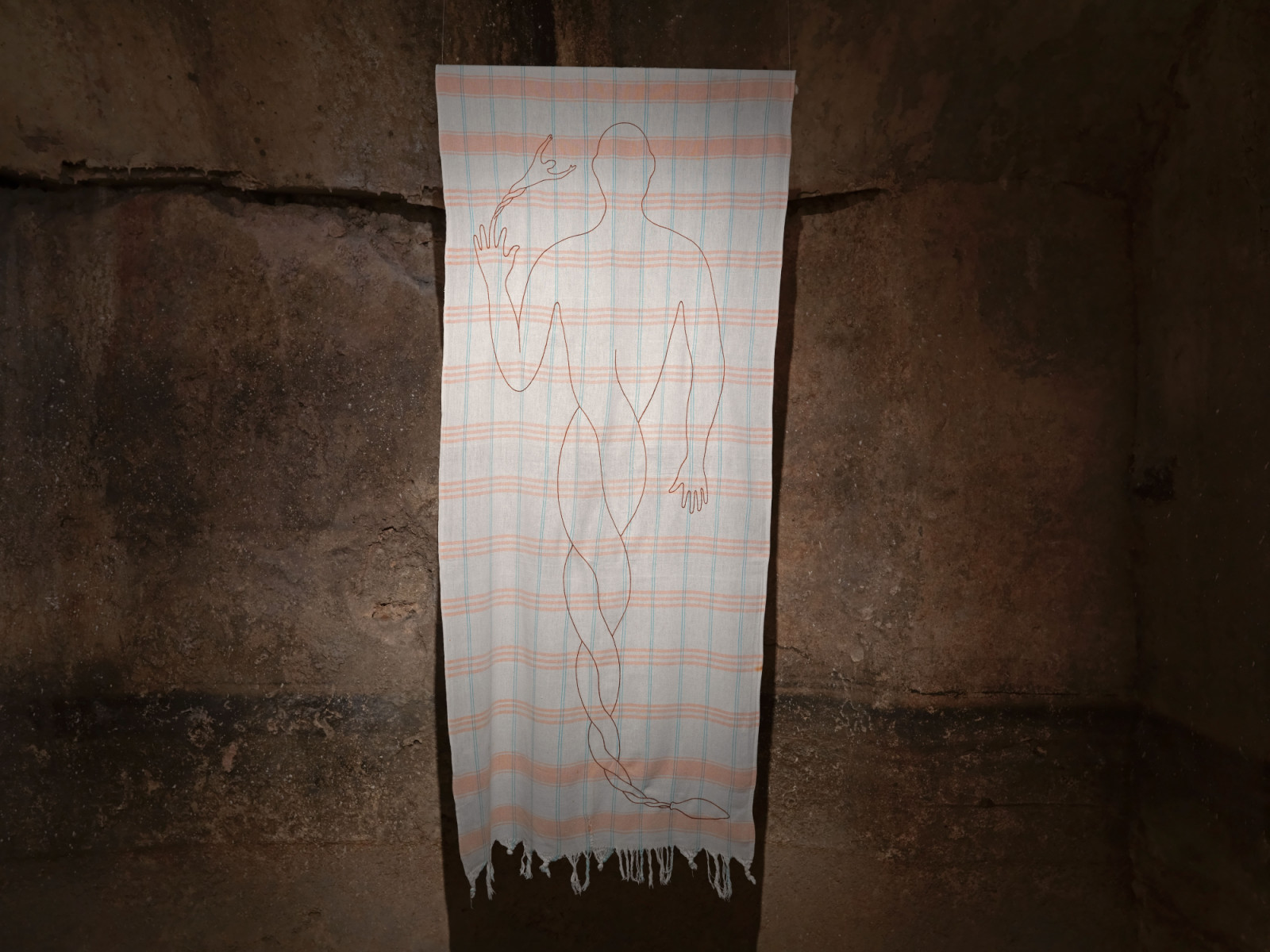 Alex Červený, Turkish Bath I, 2012, embroidery on fabric, one of the peştemals he brought home from Istanbul.