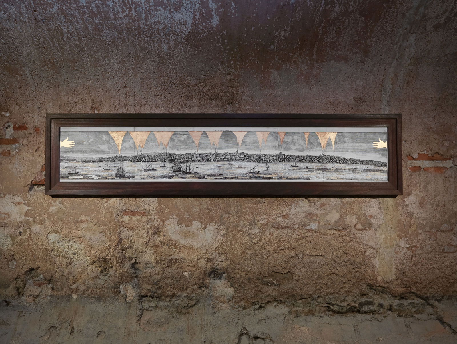 Long panorama, close. Alex Červený, Earth, Sea and Air, 2026, print, silver leaf and collage on paper.