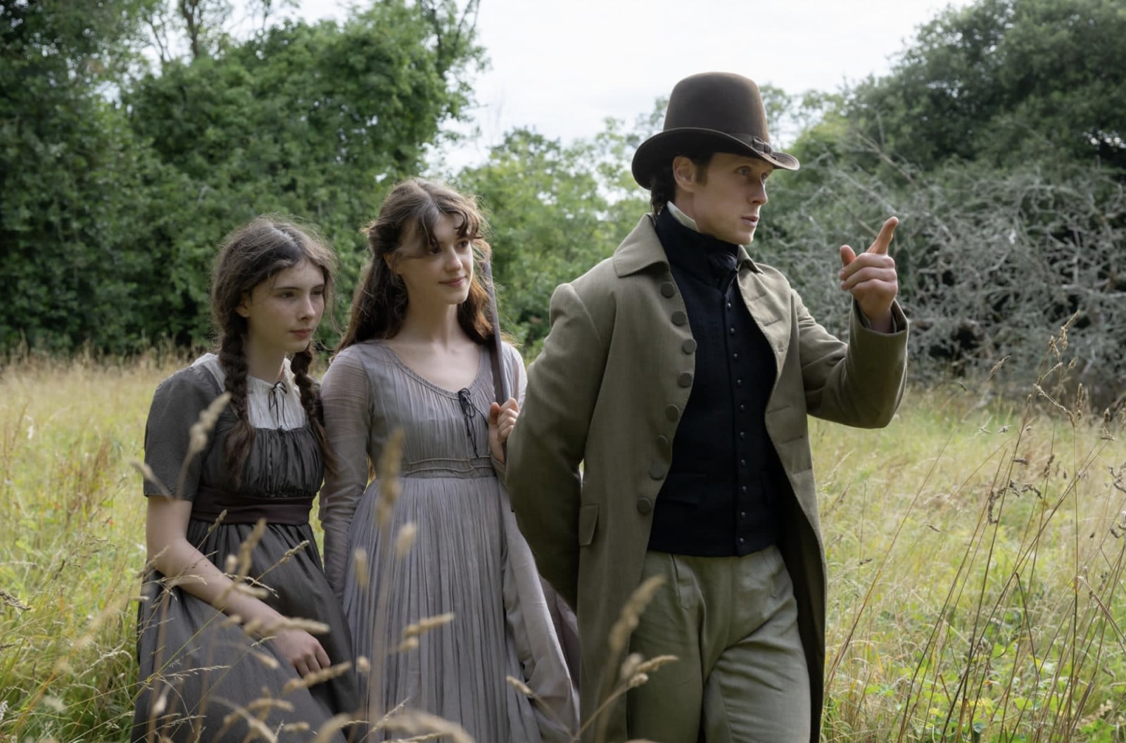 The cast of the 2026 *Sense and Sensibility* on location, dressed in authentic period attire.