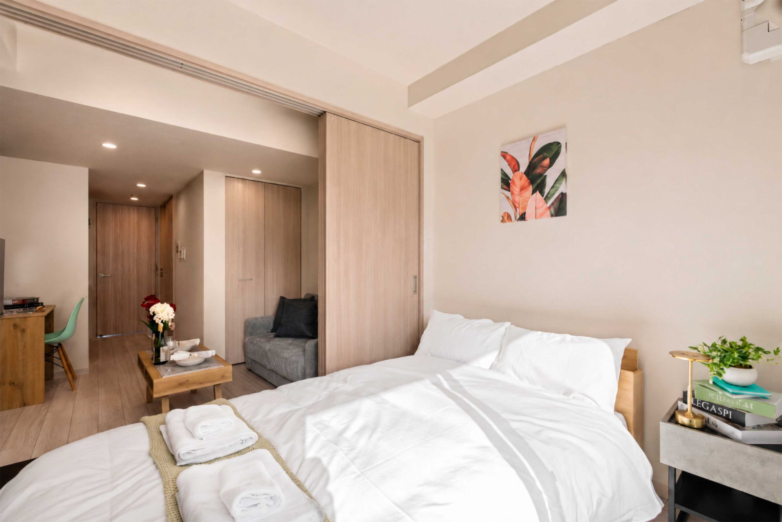 The interior of one of the 49 residential units at Tsutenkaku dressed in a neutral colour palette