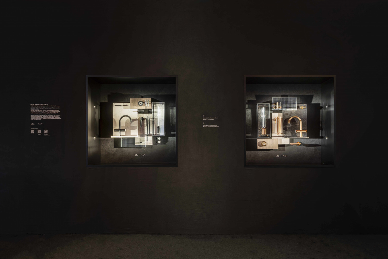 The Grohe Spa x Buster + Punch collaboration, shown in Phantom Black (left) and Warm Sunset (right) at Aqua Sanctuary