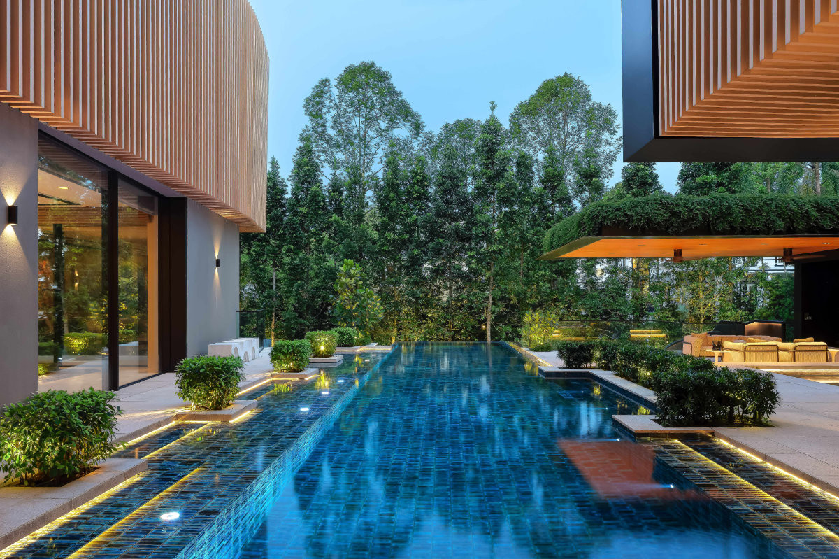 The lap pool runs between a curved timber screen and the garden pavilion, backed by mature trees transplanted fully grown from a nursery to act as a visual shield