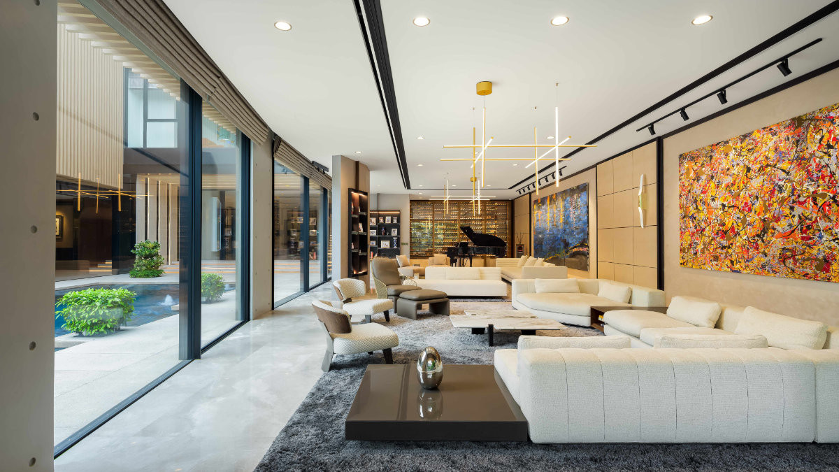 The living area features generous seating to accommodate different groups at the same time