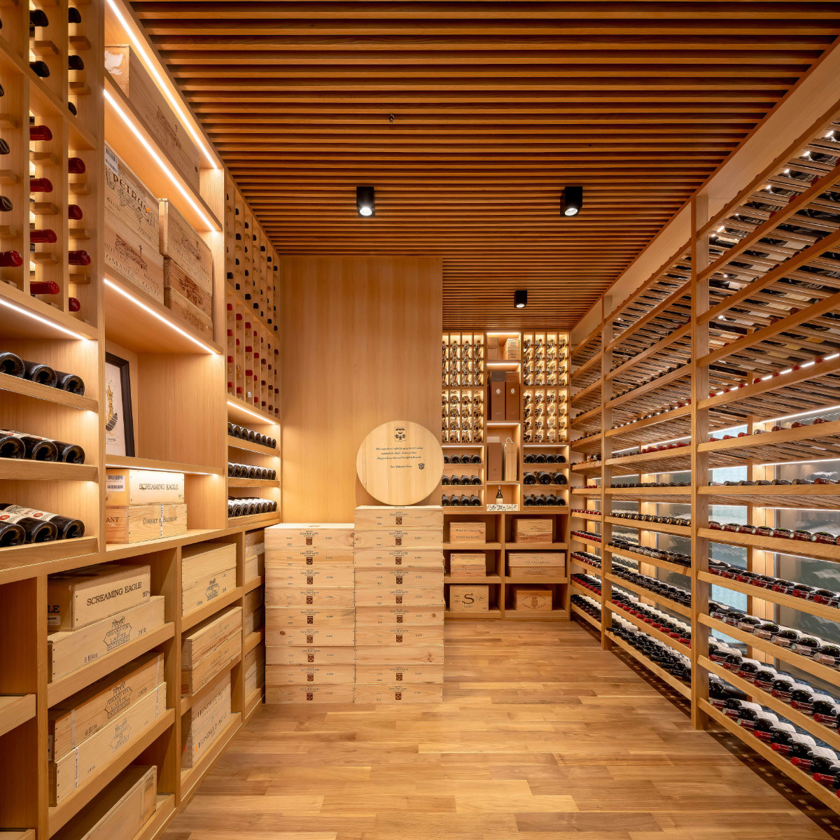 The timber-lined wine cellar, where the collection is intended to be enjoyed and shared with friends and family