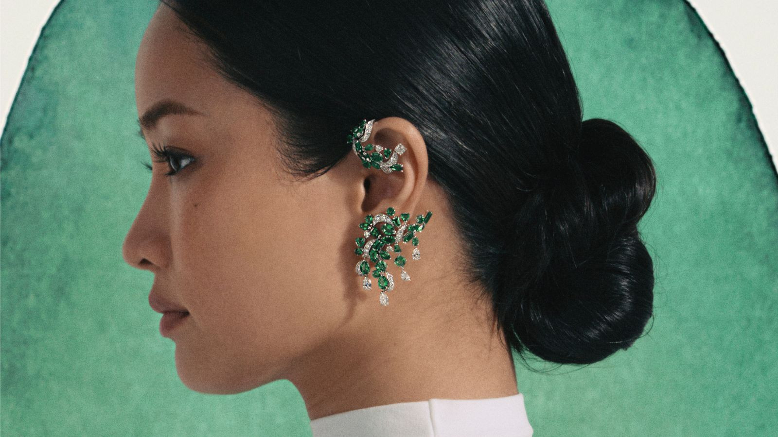 Anna Sawai in Volubia emerald and diamond earring