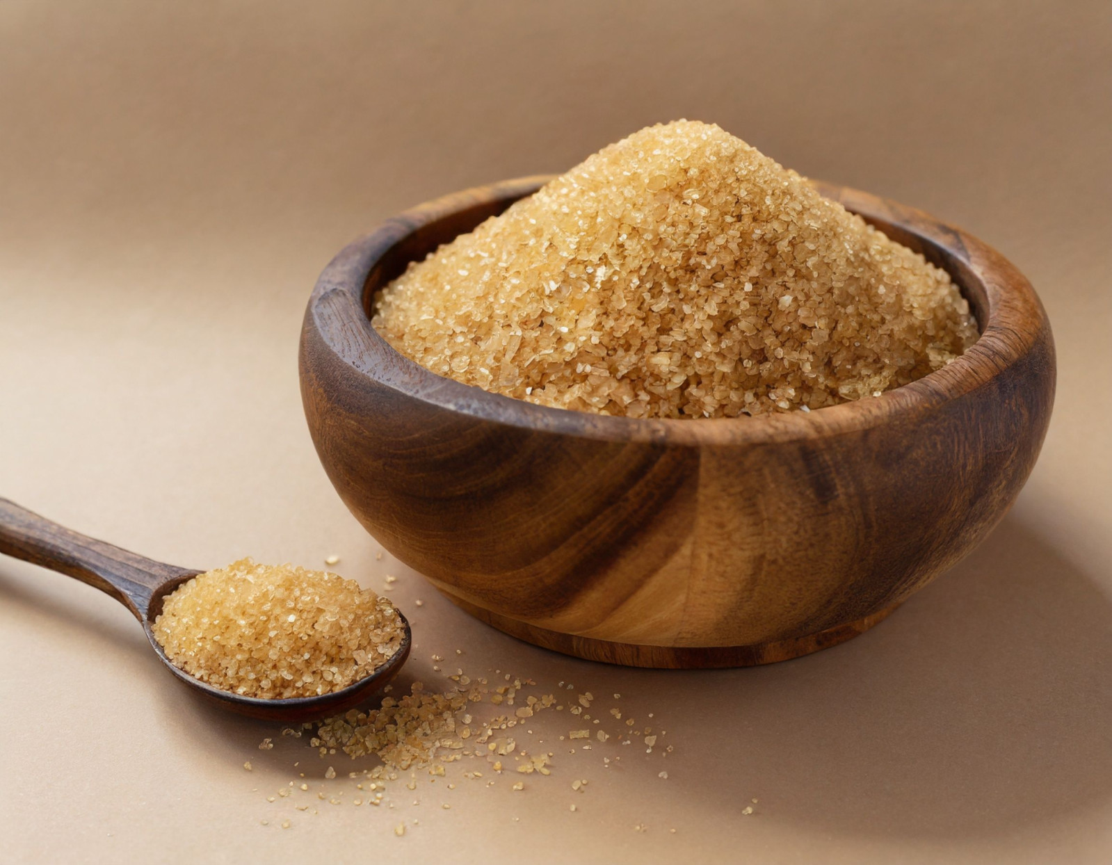 Demerara sugar crystals fill a wooden bowl, with a spoonful resting beside it.