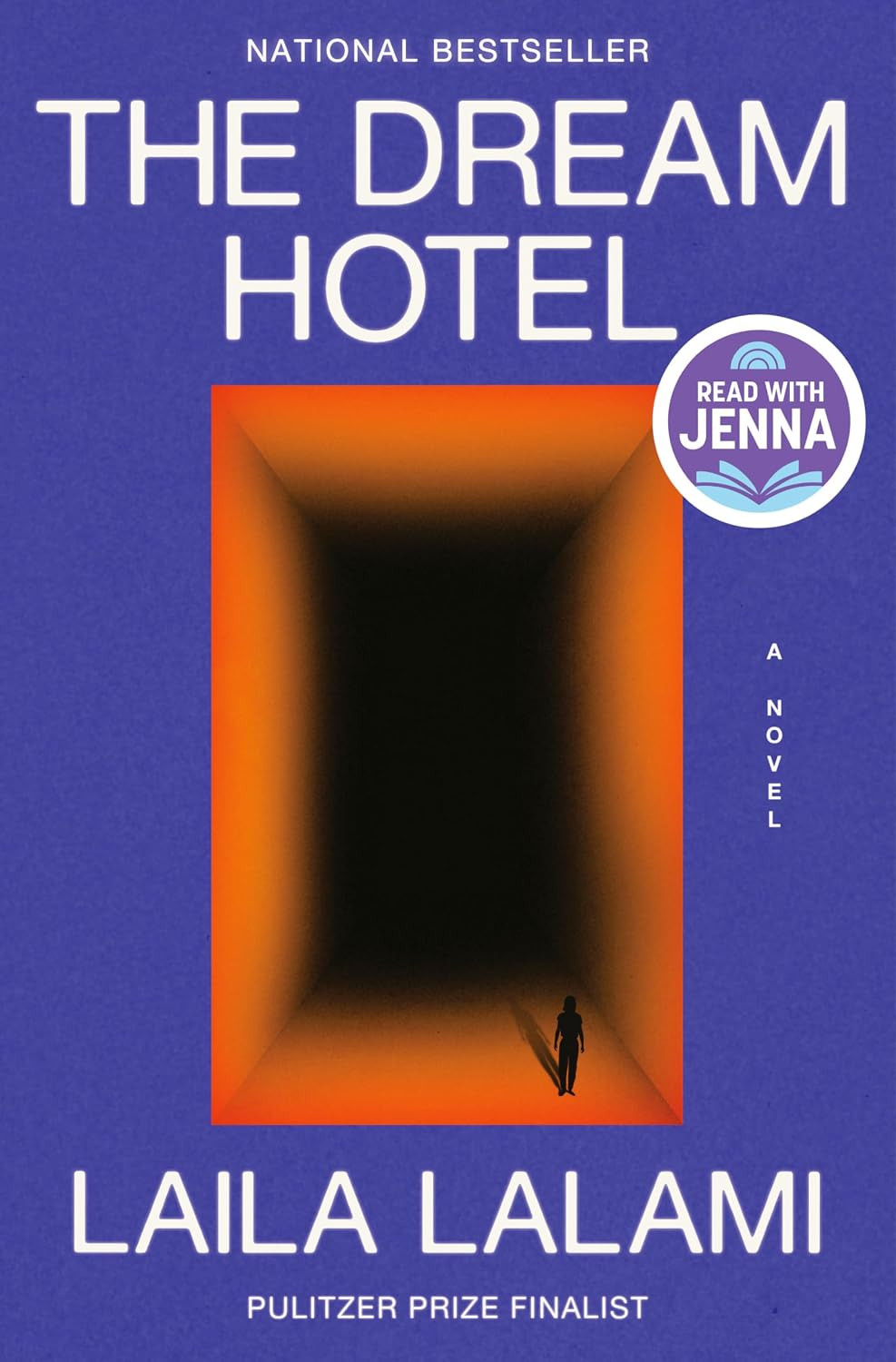 Laila Lalami's "The Dream Hotel" cover art features a lone figure entering a dark void, a visual often echoing themes in dystopian narratives.