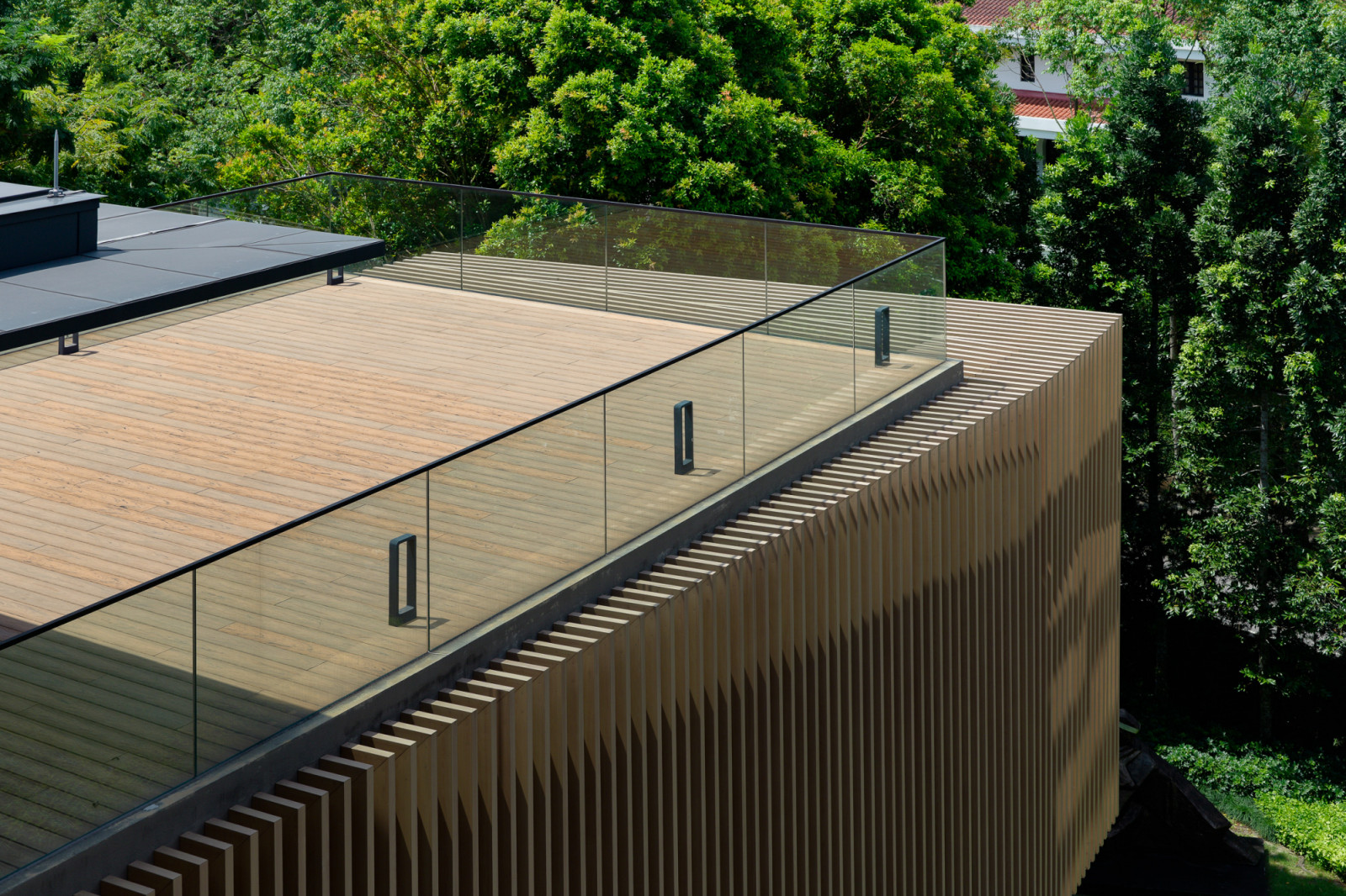 A timber-decked terrace crowns the screened wing, its glass balustrade opening onto the treetops