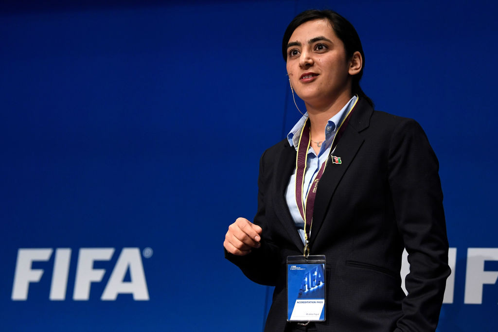 ZURICH, SWITZERLAND - MARCH 06: Khalida Popal, former captain of the Afghan women's national football team, speaks during the FIFA Annual Conference for Equality & Inclusion at the Home of FIFA on 06 March, 2017 in Zurich, Switzerland.  (Photo by Valeriano Di Domenico - FIFA via Getty Images)