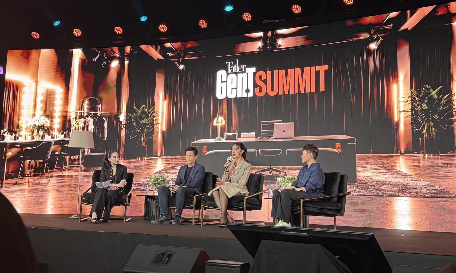 Moderator Chayapa Chutrakul, executive director, Directions Group (Thailand) on stage with Thainchai “Bank” Pisitwuttinan, co-founder and CEO, Global Sport Ventures, Opal Suchata, Miss World 2025, and Althea Lim, CEO of Gushcloud International at the Gen.T Summit 2026 in Bangkok