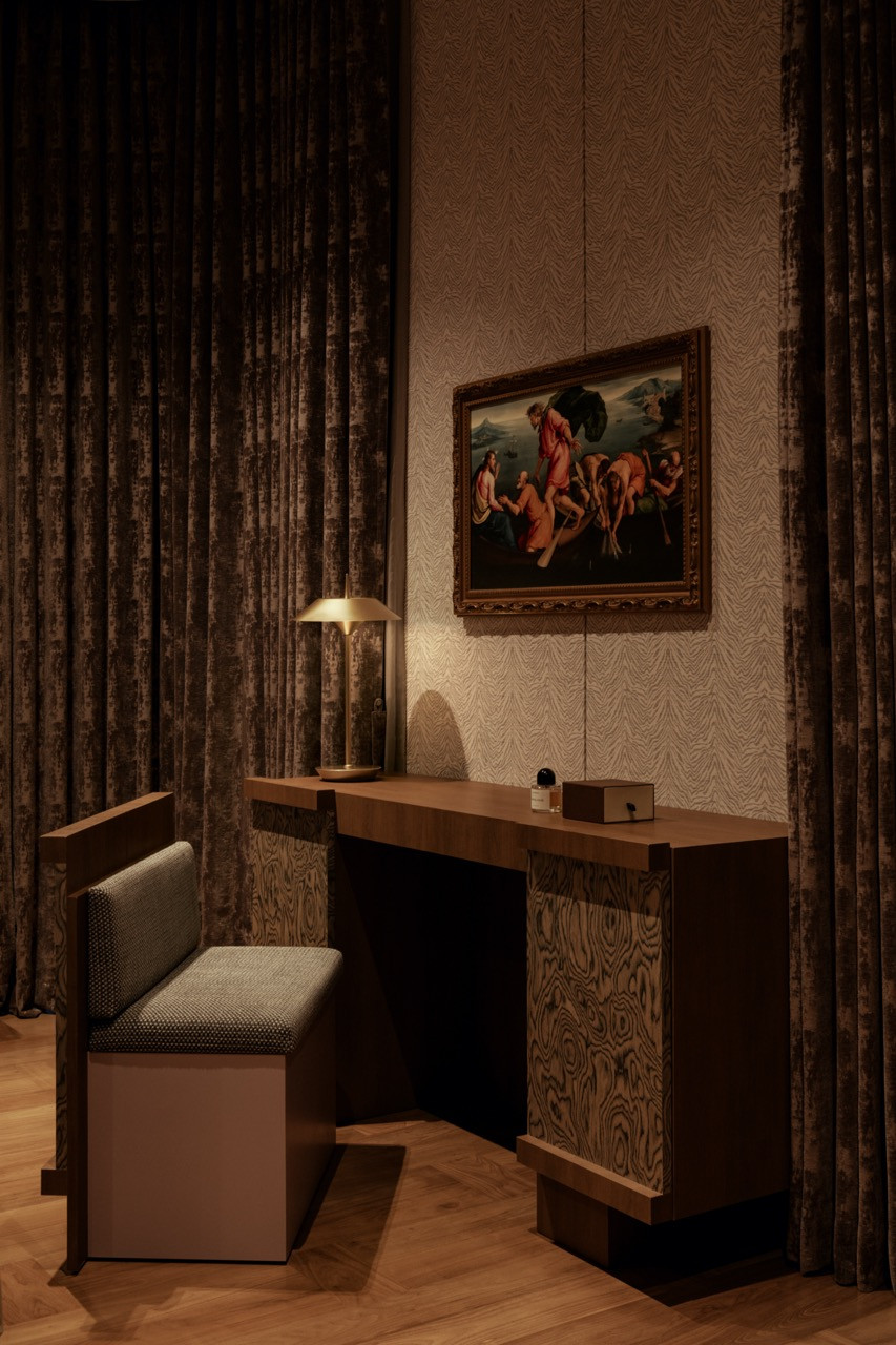 The desk has a modern yet old-world feel
