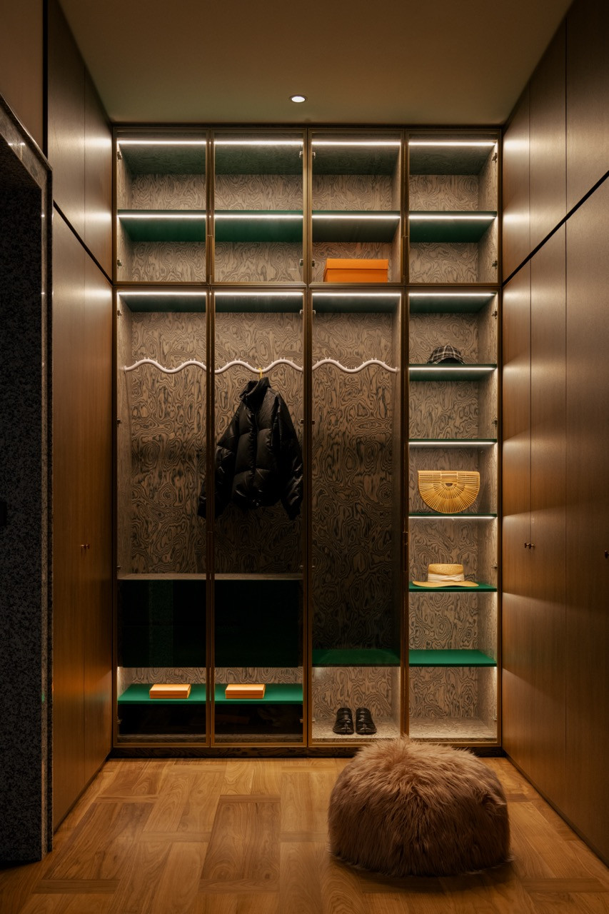 The built-in wardrobe is styled with accent lighting