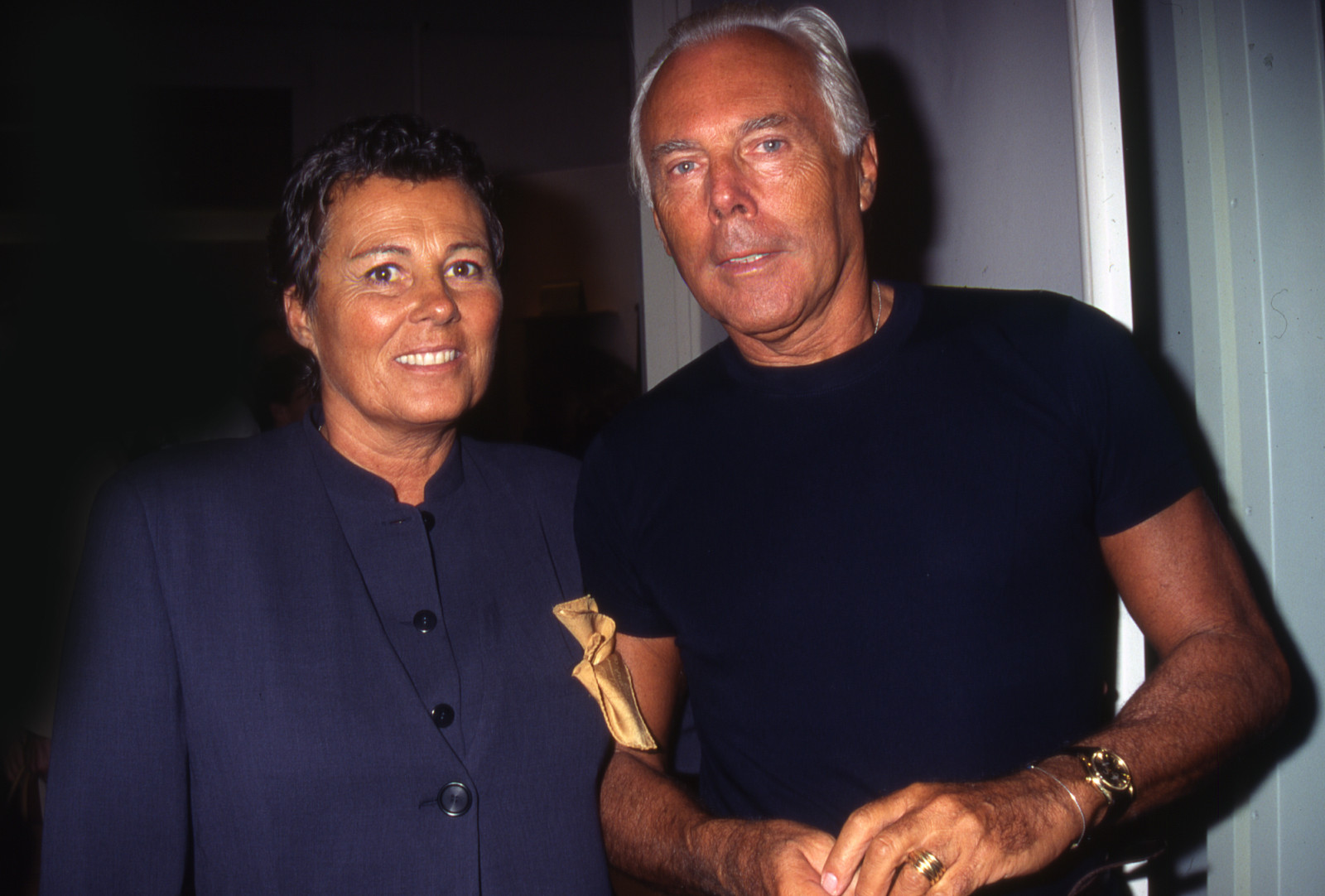 UNITED STATES - CIRCA 1996:  Rosanna (Armani's sister) & Armani at  Armani Boutique opening, New York - 1996  (Photo by Rose Hartman/Getty Images)