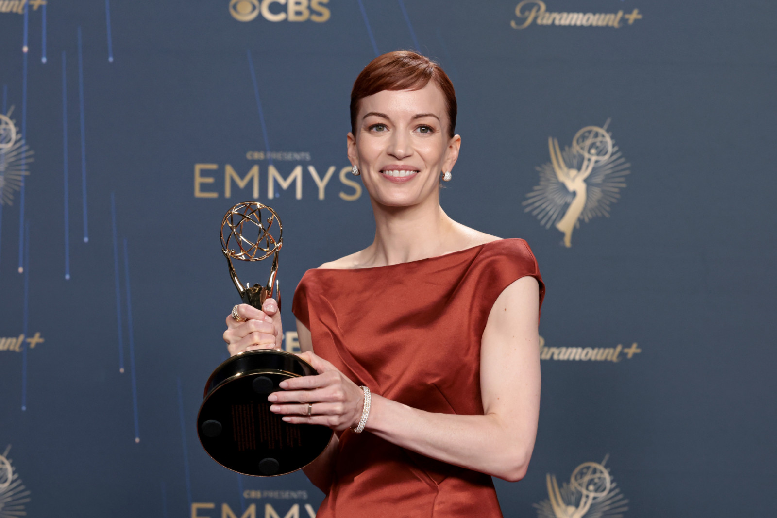 LOS ANGELES, CALIFORNIA - SEPTEMBER 14: Britt Lower, winner of the Lead Actress in a Drama Series award for “Severance,” poses in the press room during the 77th Primetime Emmy Awards at Peacock Theater on September 14, 2025 in Los Angeles, California.  (Photo by Kevin Mazur/Getty Images)